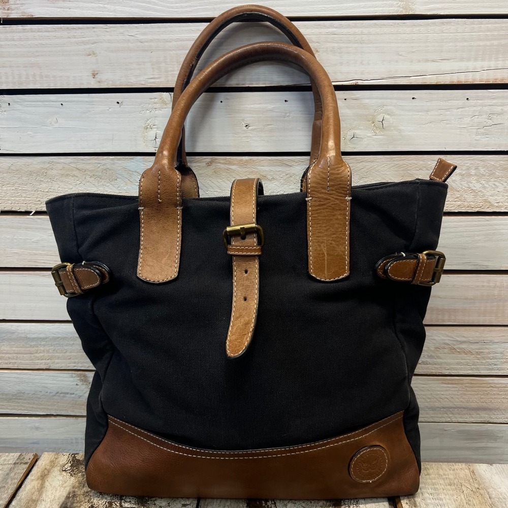 Le Papillon Black Cotton Leather Tote Bag Buckle Detail Large